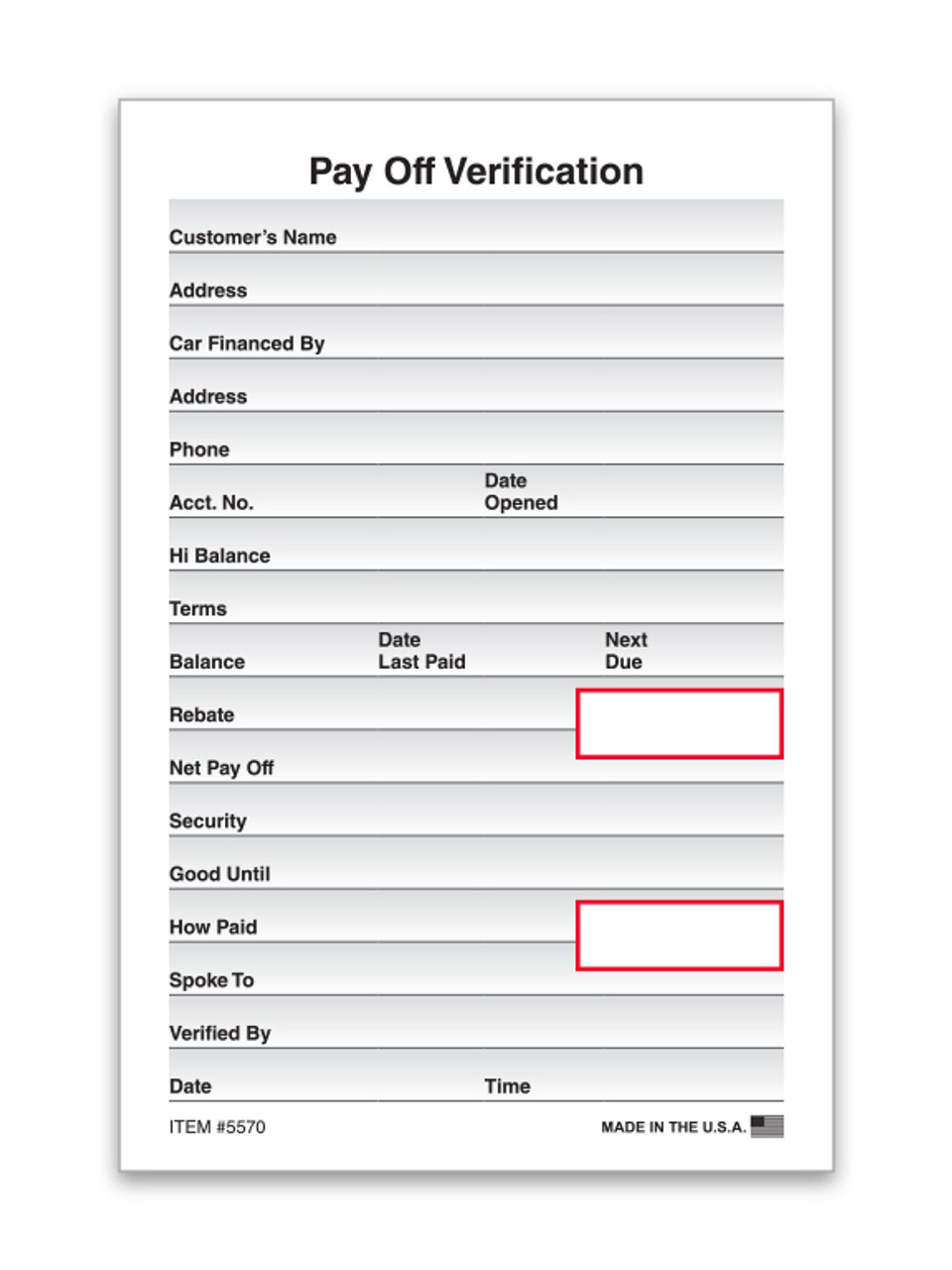 Pay Off Verification - Qty 100 Per Pad