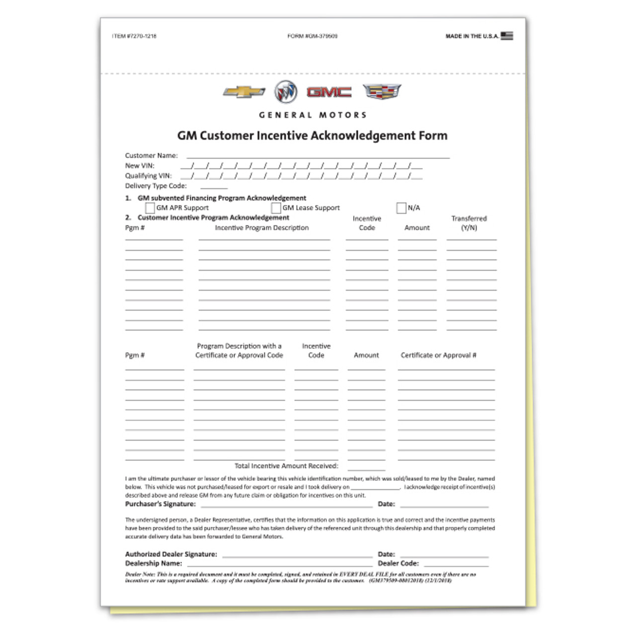 GM Cust. Incentive/OnStar Acknowledge Form - 2 Part - Qty. 100