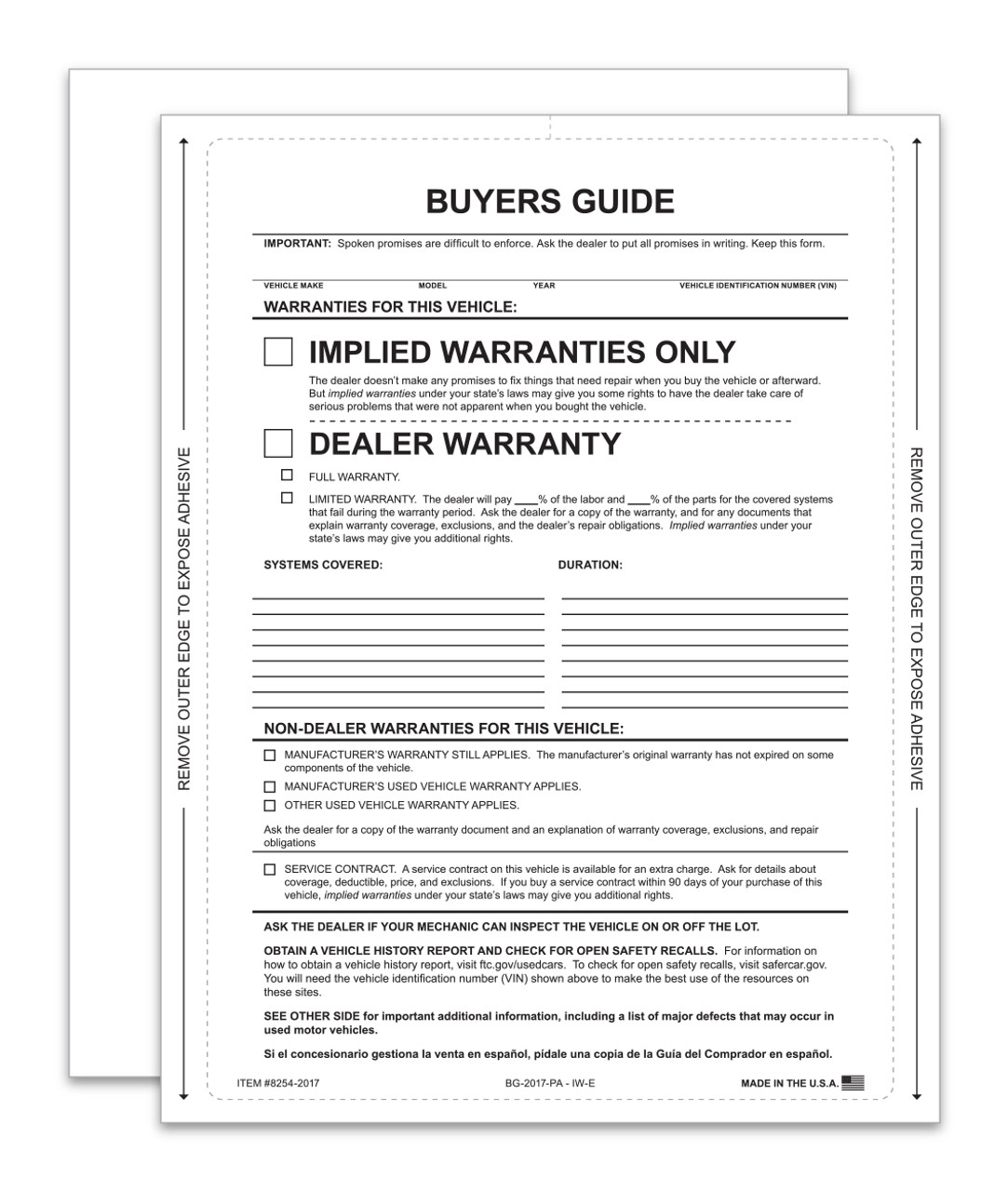 Interior Buyers Guide - Implied Warranty - P/A - Qty. 100