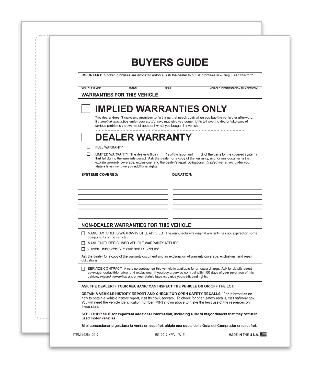 Exterior Buyers Guide - Implied Warranty - P/A - Qty. 100