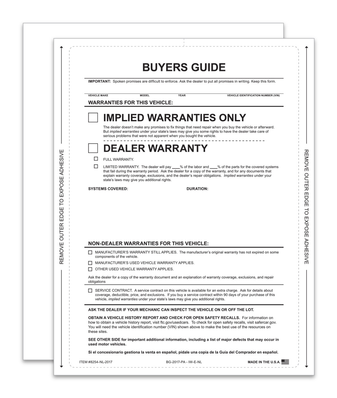 Interior Buyers Guide - Implied Warranty - P/A - No Lines - Qty. 100