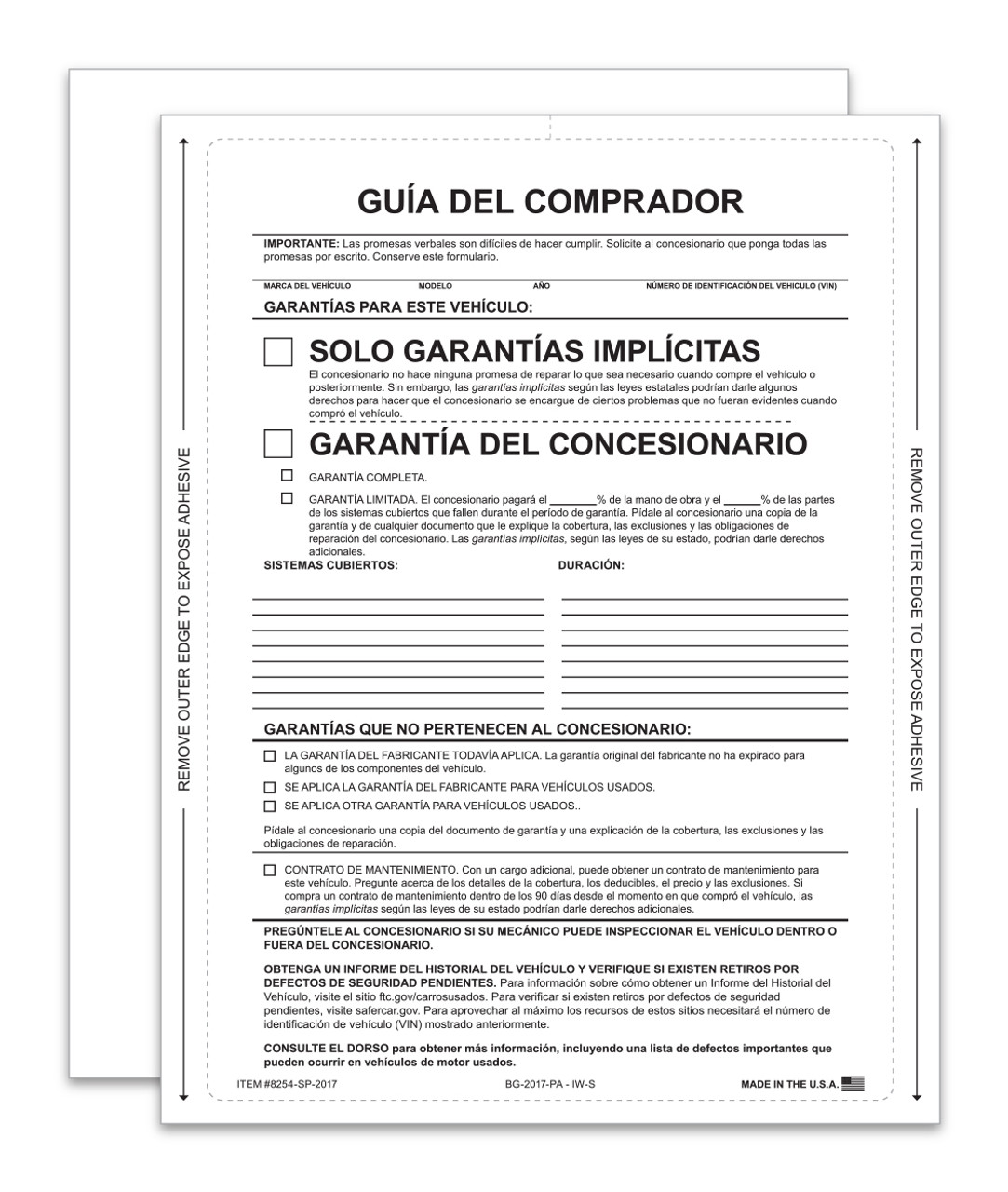 Interior Buyers Guide - BG-2017 - Imp. Warranty -P/A- Spanish-Qty. 100