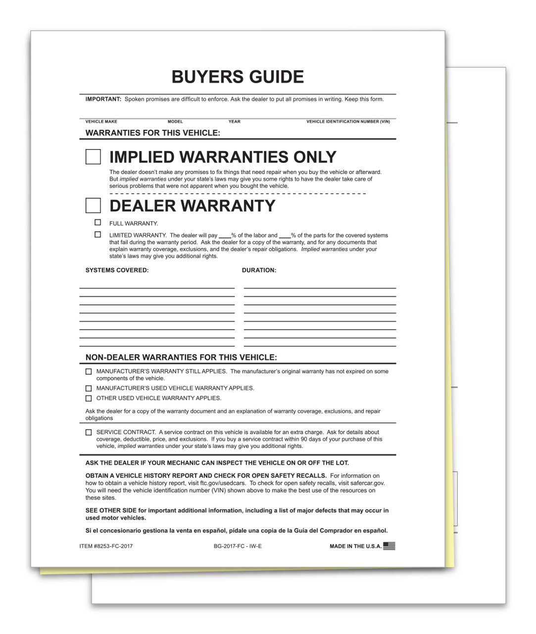 Buyer Guide - Implied Warranty, 2 Part - File Copy - Qty. 100