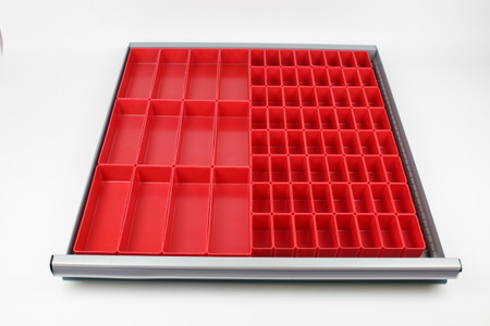 Red Plastic Drawer Organizer Assortment with 6 sizes: 
Drawer 1