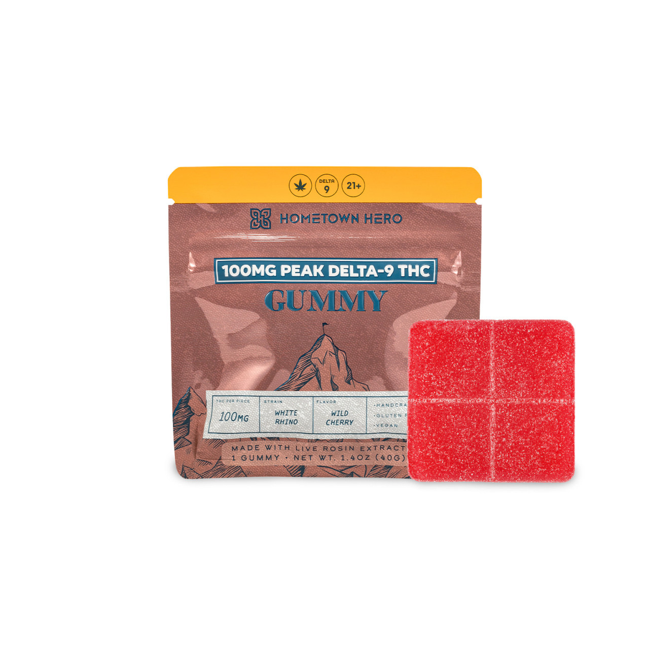 This Hometown Hero Peak Indica Gummy is not for the faint of heart. It packs 100mg of Delta-9 THC but you can always take just a piece.