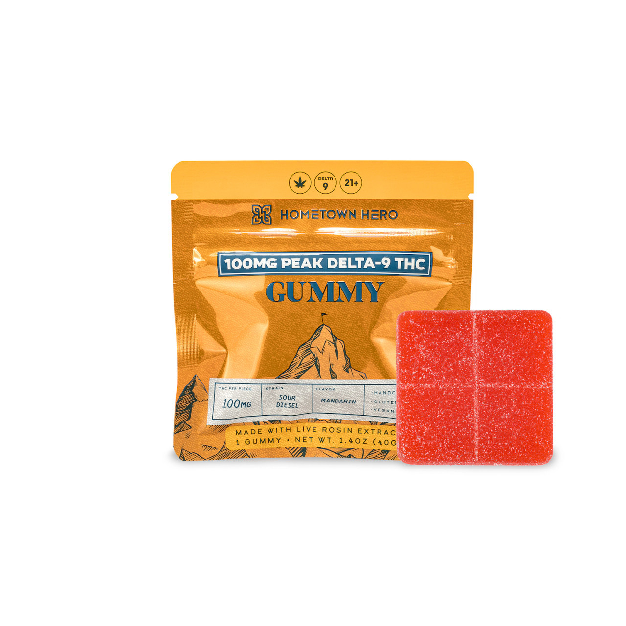 This Hometown Hero Peak Sativa Gummy is energetic and upbeat with 100mg of Delta-9 THC per gummy. Take a bite!