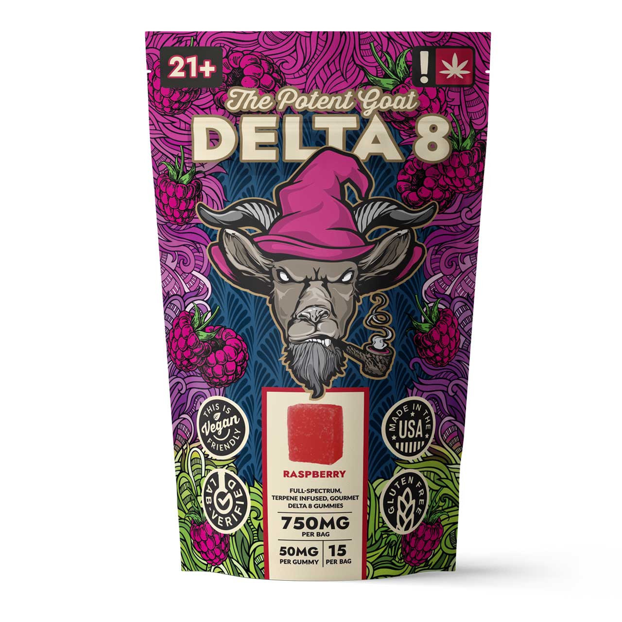 The Potent Goat Raspberry Gummies are tasty, strong, and mellow with 40mg of Delta-8 THC and 10mg of CBD per gummy.