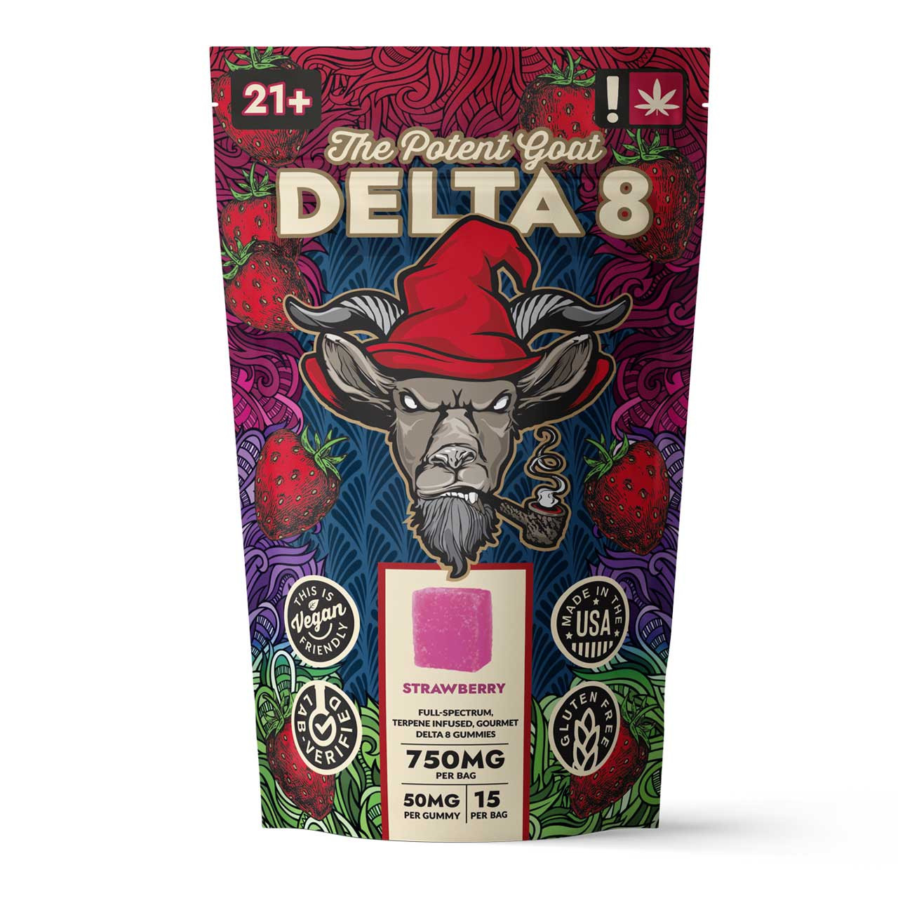 The Potent Goat Strawberry Gummies are tasty, strong, and mellow with 40mg of Delta-8 THC and 10mg of CBD per gummy.