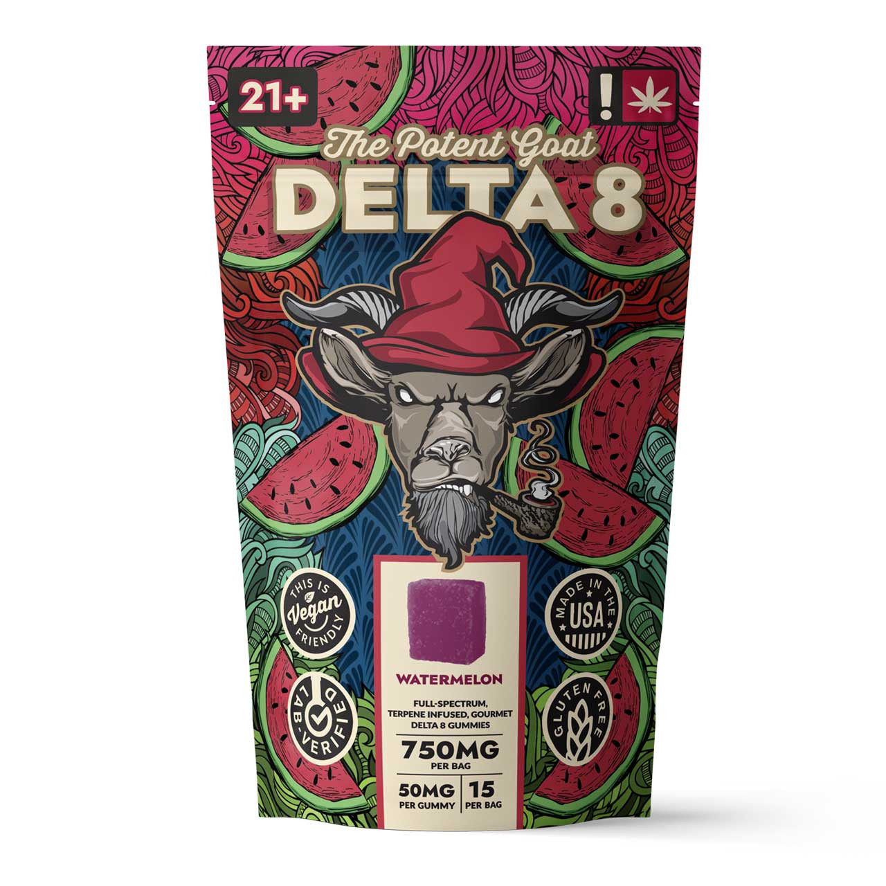 The Potent Goat Watermelon Gummies are tasty, strong, and mellow with 40mg of Delta-8 THC and 10mg of CBD per gummy.