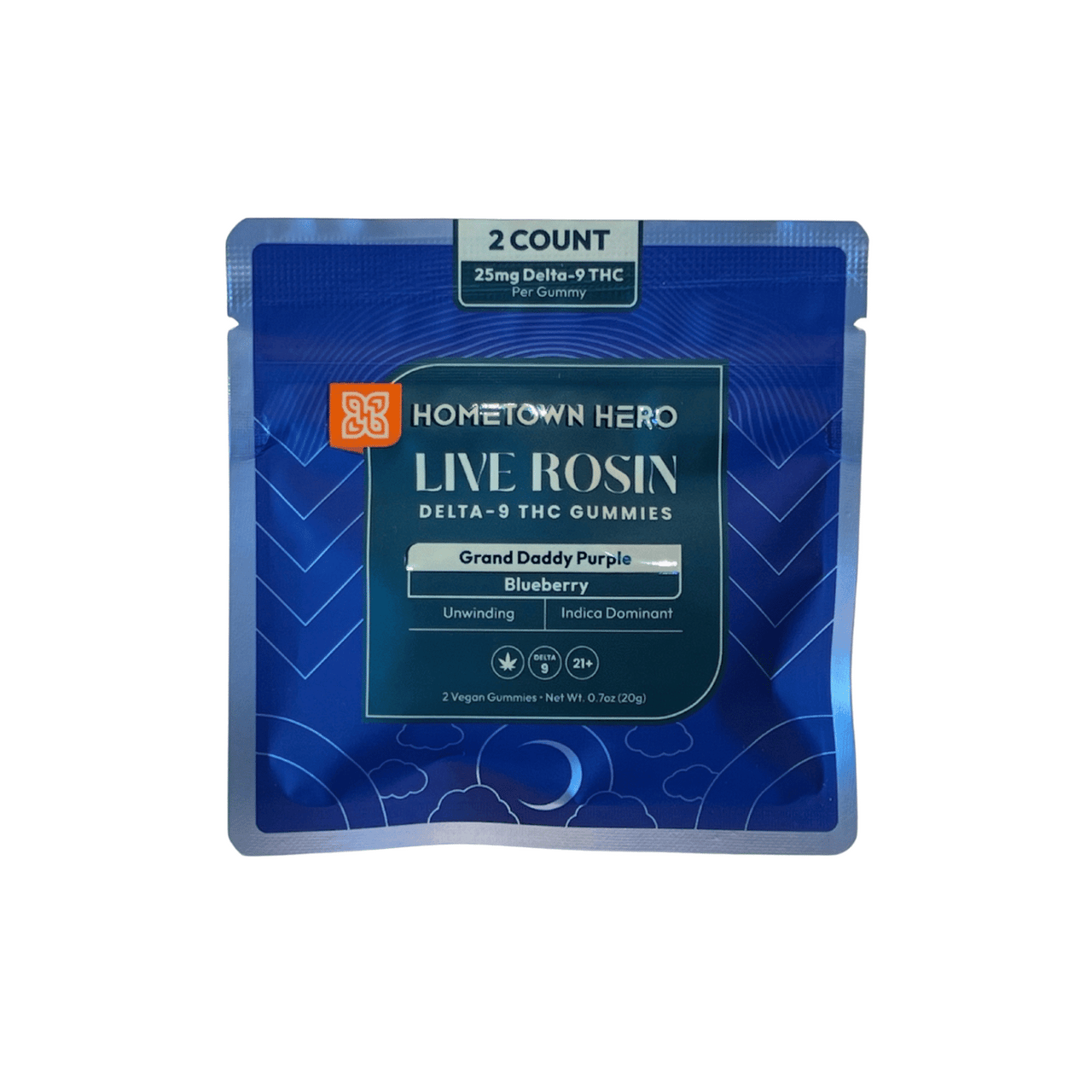 This two pack of Hometown Hero Grand Daddy Purple Live Rosin Gummies packs a mighty punch in a small package with 25mg Delta-9 THC per piece.