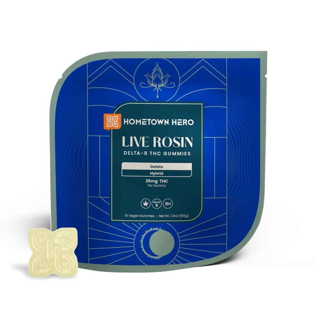 All Hometown Hero Live Rosin Gummies are house favorites here at the shop. Each piece has 25mg of Delta-9 THC from live rosin.