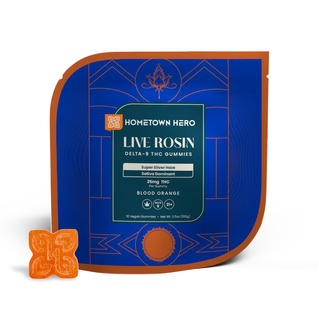 All Hometown Hero Live Rosin Gummies are house favorites here at the shop. Each piece has 25mg of Delta-9 THC from live rosin.