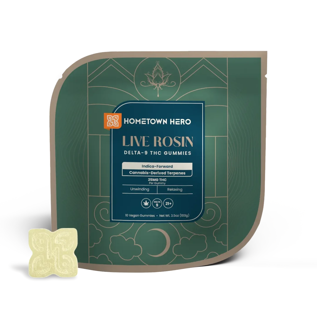 All Hometown Hero Live Rosin Gummies are house favorites here at the shop. Each piece has 25mg of Delta-9 THC from live rosin.