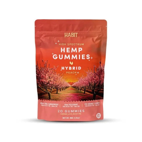 Wanna feel just peachy? Try out Habit's Hybrid Peach Gummies with 10mg of Delta-9 THC and 10mg of CBD for a perfect balanced effect.