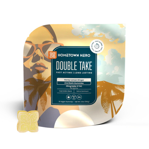 Hometown Hero Double Take Sativa Gummies have a yummy honey lemon ginger flavor with 20mg of Delta-9 THC per gummy.