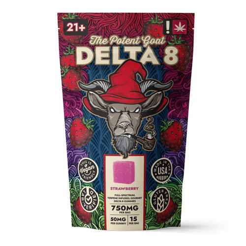 The Potent Goat Strawberry Gummies are tasty, strong, and mellow with 40mg of Delta-8 THC and 10mg of CBD per gummy.
