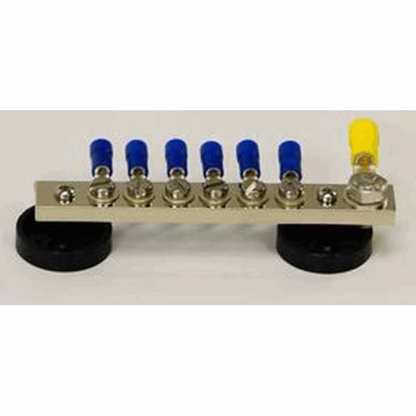 Busbar 6way Rings 95x17mm 100A 1 x Yellow 6 x Blue Connectors