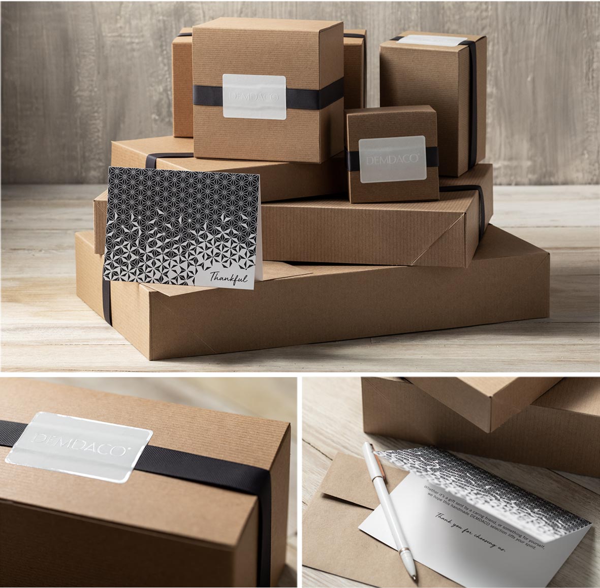 gift-wrap-2019.jpg Brown boxes elegantly wrapped in dark ribbon and white DEMDACO sticker. Blue patterned notecard with the word Thankful printed on the front.
