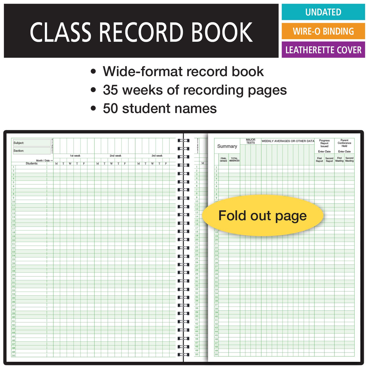 Class Record Book for up to 10 Weeks. 50 Names. Extra Large