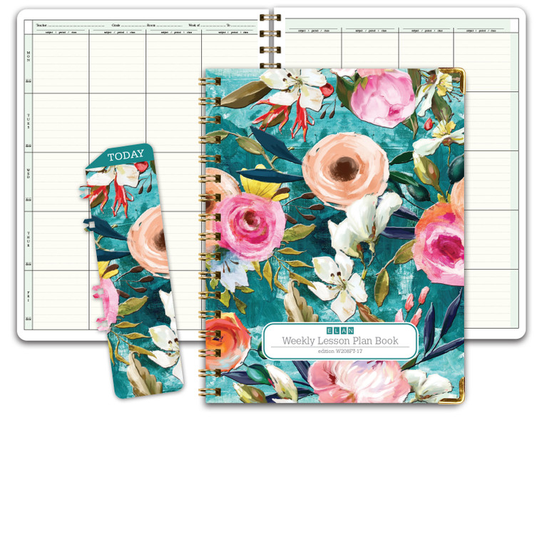 Hardcover Teacher Lesson Plan 8 Period: Days Vertically Down The Side (Teal Floral)