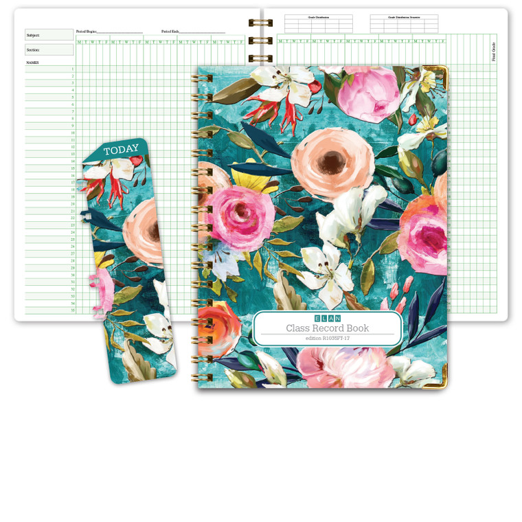 Hardcover Class Record Book for 9-10 Weeks - 35 Names - Large Squares (Teal Floral)