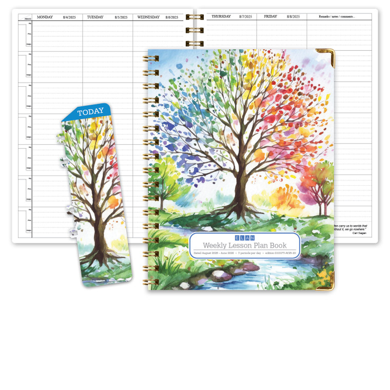 Hardcover Teacher Lesson Plan 7 Period: Days Horizontally Across The Top, 8.5"x11",  AY 2025-2026 (Tree Seasons)
