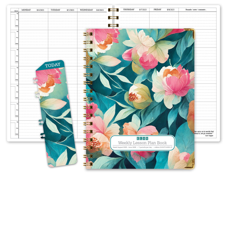 Hardcover Teacher Lesson Plan 7 Period: Days Horizontally Across The Top, 8.5"x11",  AY 2025-2026 (Teal Floral)