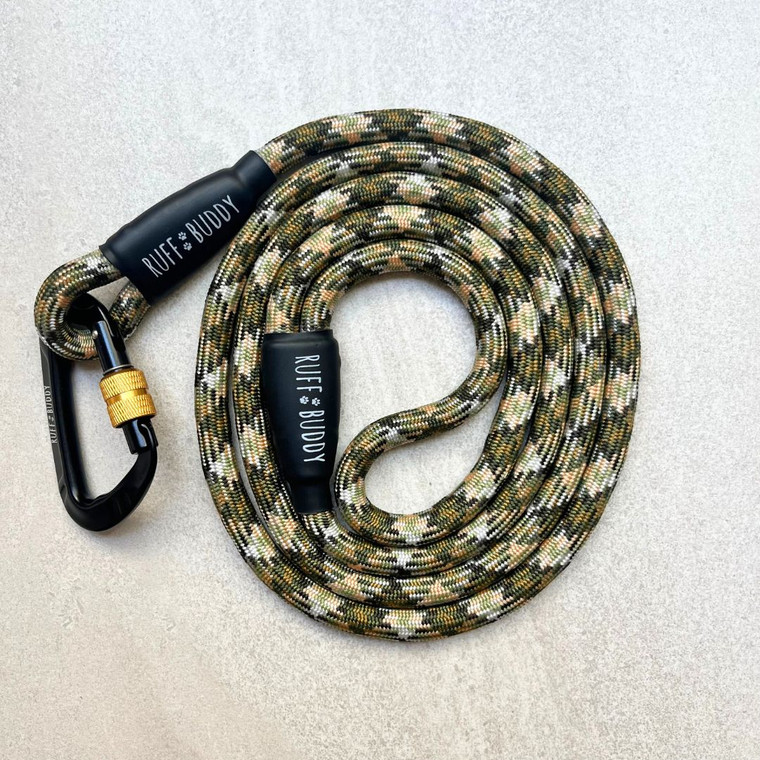Ruff-Buddy-Climbing-Rope-Dog-Leash-Bush-Camo-5ft-Gold Hook Full Leash
