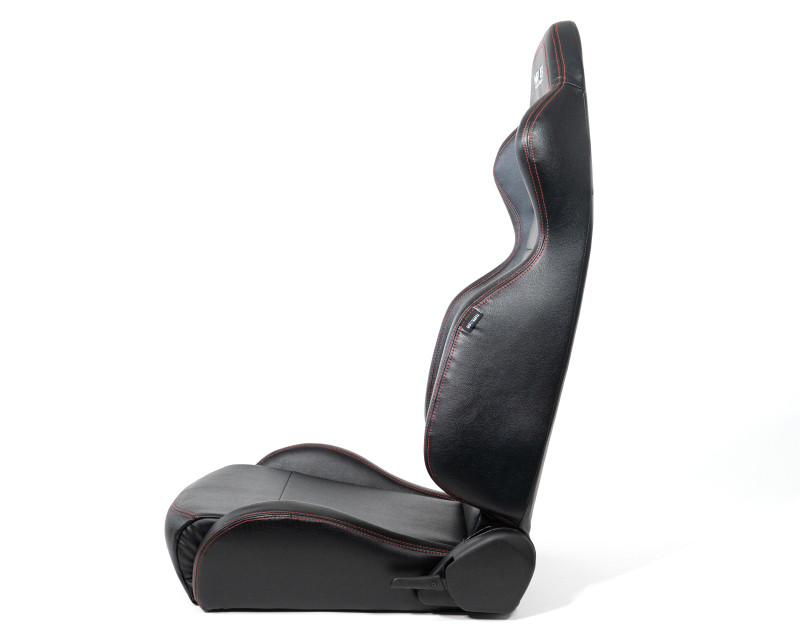 NRG Reclinable Racing Seats (Pair) Black Leather w/NRG Logo Red Stitch - RSC-208-1L/R Photo - Close Up