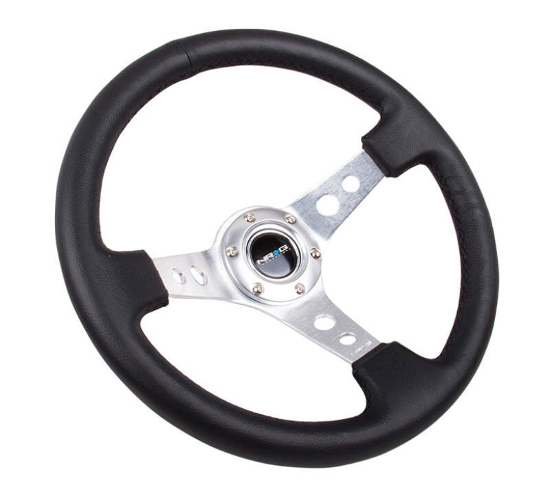 NRG Reinforced Steering Wheel (350mm/3in. Deep) White Leather w/Blk Spoke/Round Holes/White Stripes - RST-006BK-WT-B Photo - Close Up