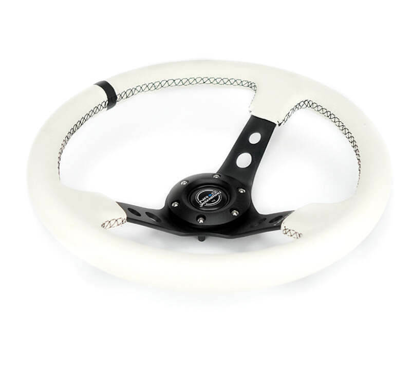 NRG Reinforced Steering Wheel (350mm/3in. Deep) White Leather w/Blk Spoke/Round Holes/White Stripes - RST-006BK-WT-B Photo - Close Up