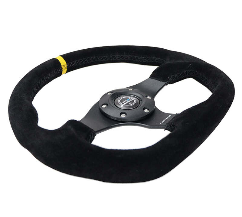 NRG Reinforced Steering Wheel (320mm) Sport Suede Flat Bottom w/ Yellow Center Mark - RST-024MB-S-Y Photo - Close Up