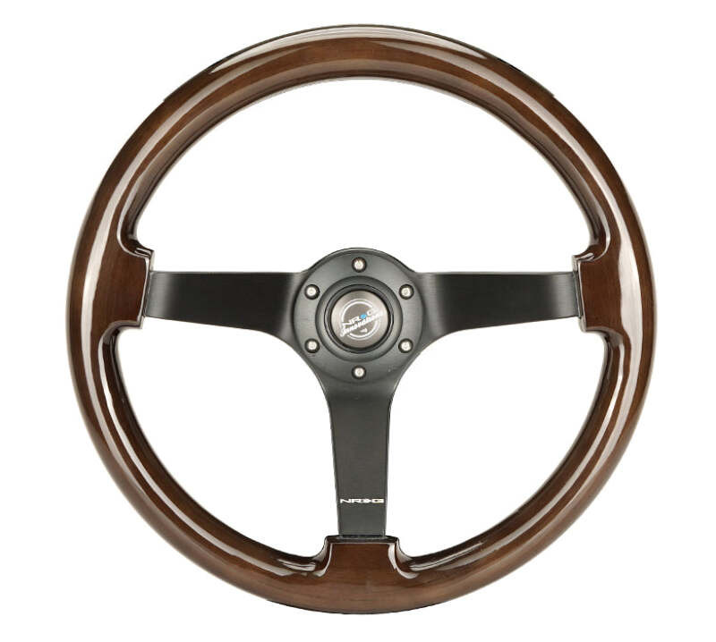 NRG Reinforced Steering Wheel (350mm) Dark Wood Grain - 3in Deep - Black 3-Spoke Center - RST-036BK-BKW Photo - Close Up