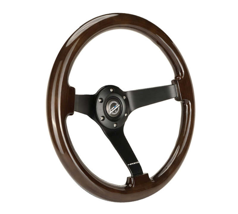 NRG Reinforced Steering Wheel (350mm) Dark Wood Grain - 3in Deep - Black 3-Spoke Center - RST-036BK-BKW Photo - Close Up