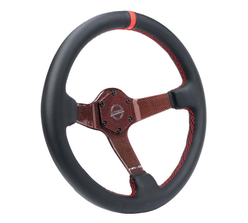 NRG Carbon Fiber Steering Wheel 350mm 3in Deep Red Carbon Fiber Red Stiching Red Center Mark Leather - RST-036CF-RD Photo - Close Up