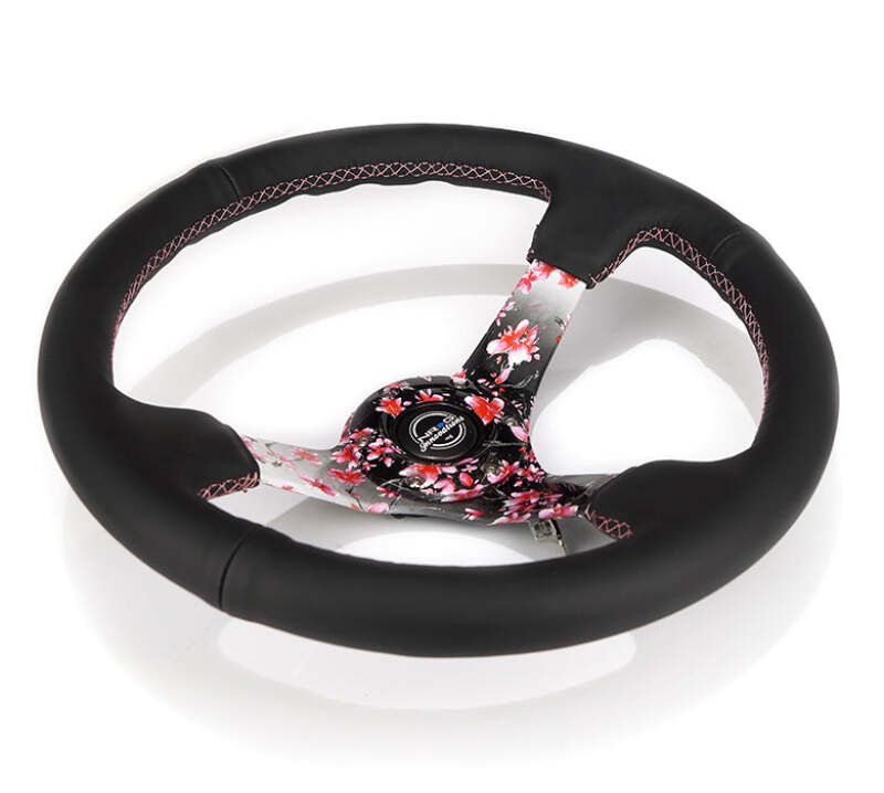 NRG Reinforced Steering Wheel (350mm/3in.) Hydro Dipped Sakura Floral w/ Pink Suede Black Stitch - RST-036SAK-R Photo - Close Up