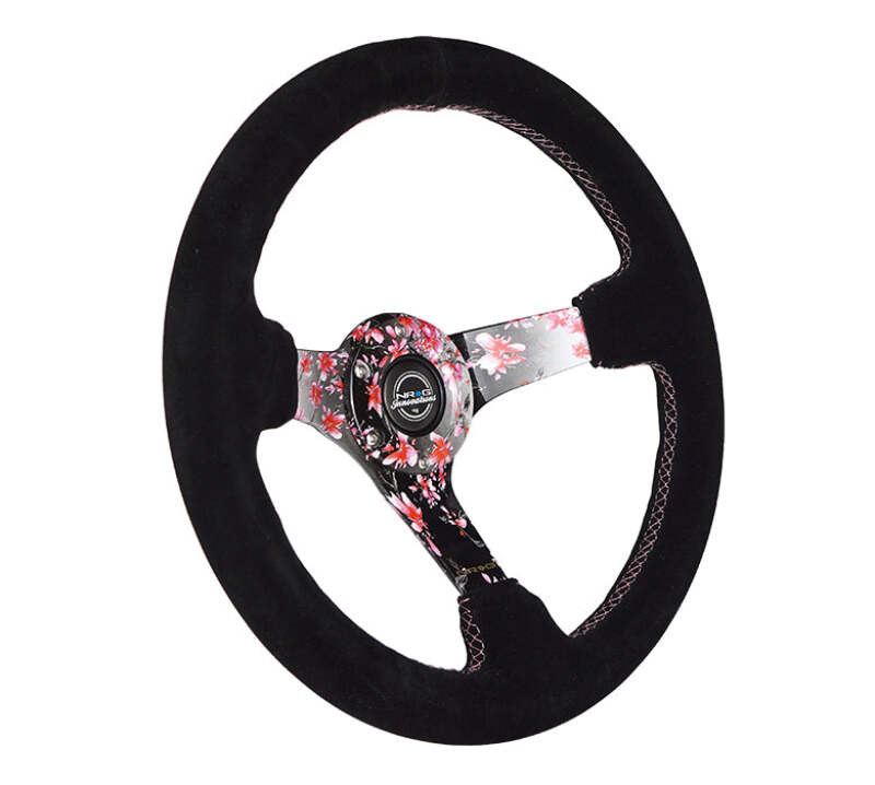 NRG Reinforced Steering Wheel (350mm) 3in Deep Pink Sakura Floral Solid Spoke - Black Suede/Stitch - RST-036SAK-S Photo - Close Up