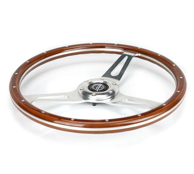 NRG Reinforced Steering Wheel (360mm) Dark Wood Grain w/Chrome 3-Spoke Center - RST-363SL Photo - Close Up