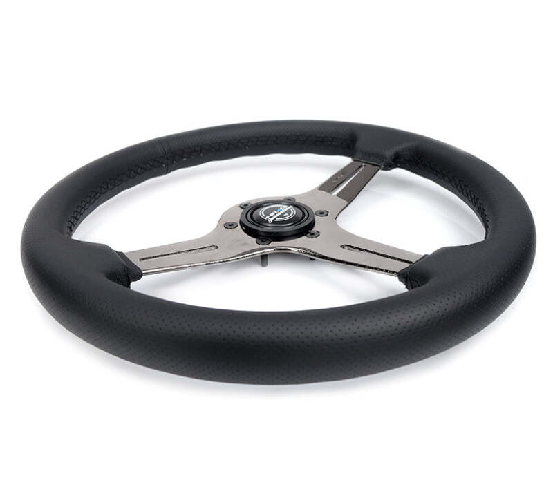 NRG Light Weight Gaming Steering Wheel - 350mm 3 Black Chrome Silver Spokes Perforated Leather - ST-018BC-PR Photo - Close Up