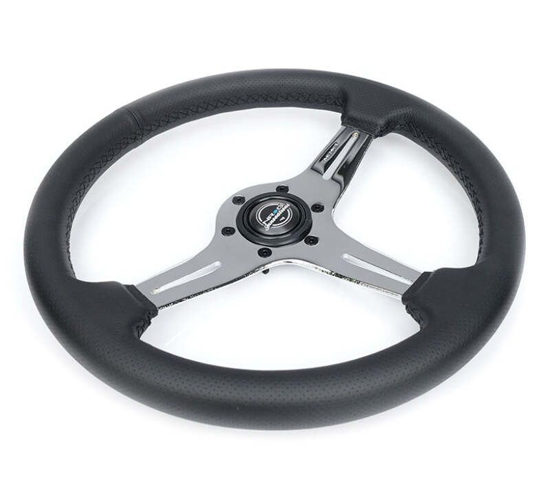 NRG Light Weight Gaming Steering Wheel - 350mm 3 Chrome Silver Spokes Perforated Leather - ST-018CH-PR Photo - Close Up
