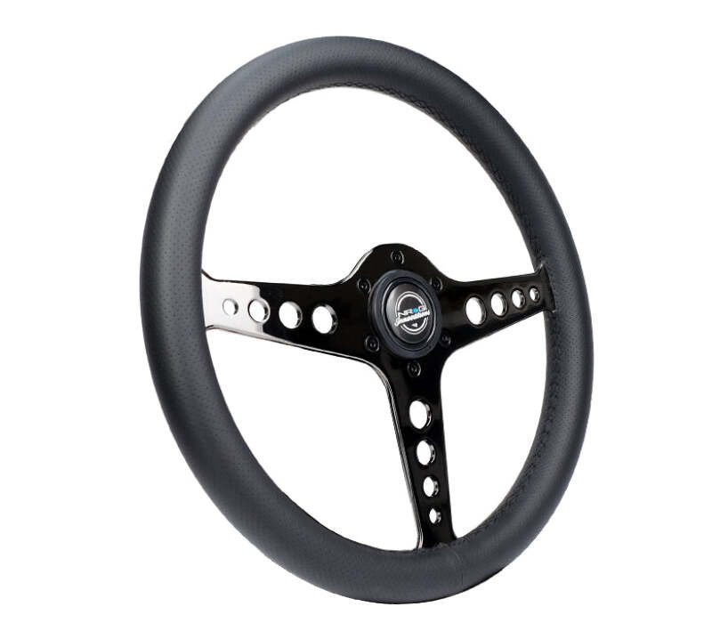 NRG Light Weight Gaming Steering Wheel - Driftz 350mm 3 Black Chrome Spokes Perforated Leather - ST-034BC-PR Photo - Close Up