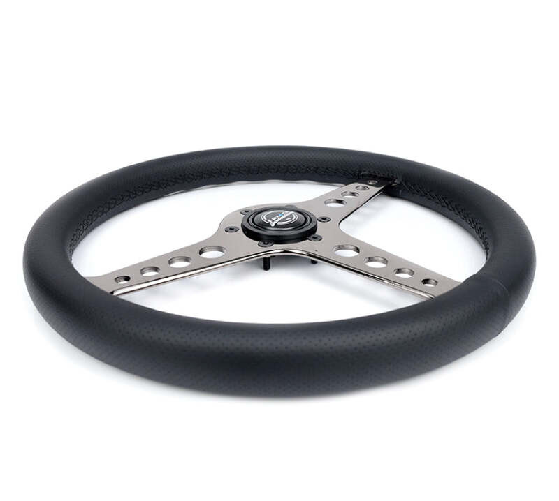 NRG Light Weight Gaming Steering Wheel - Driftz 350mm 3 Black Chrome Spokes Perforated Leather - ST-034BC-PR Photo - Close Up