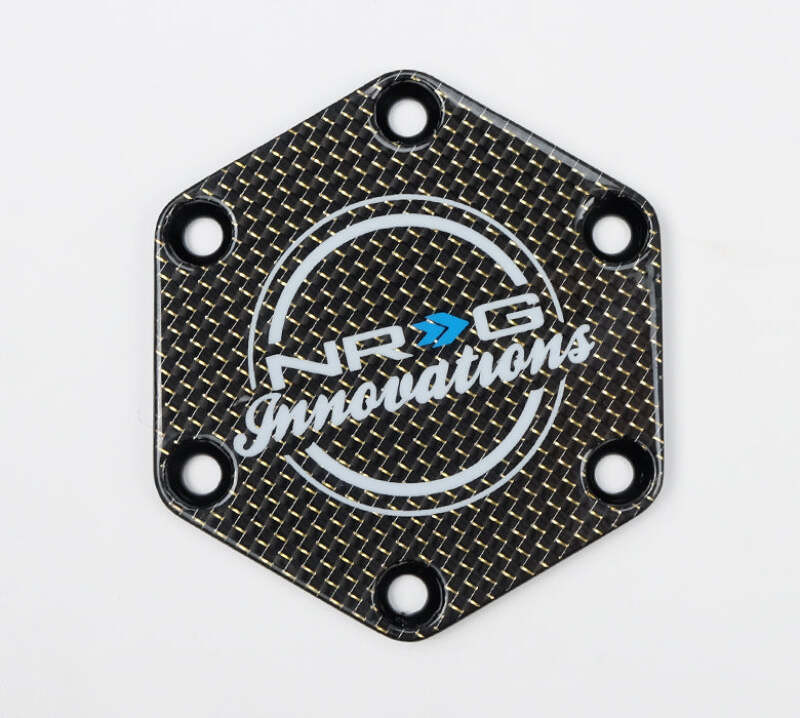 NRG Carbon Fiber w/ Chrome Gold Texalium Fabrics Horn Delete Button Circular Logo Front/ Back - STR-640CF/CG Photo - Close Up
