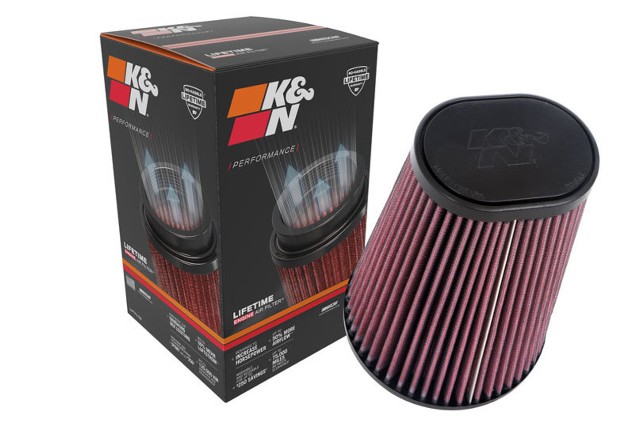 K&N Universal Round Clamp-On Air Filter 4-1/2in FLG, 5-7/8in B, 3-1/4in X 4-1/2in T, 8in H - RU-1021 Photo - out of package
