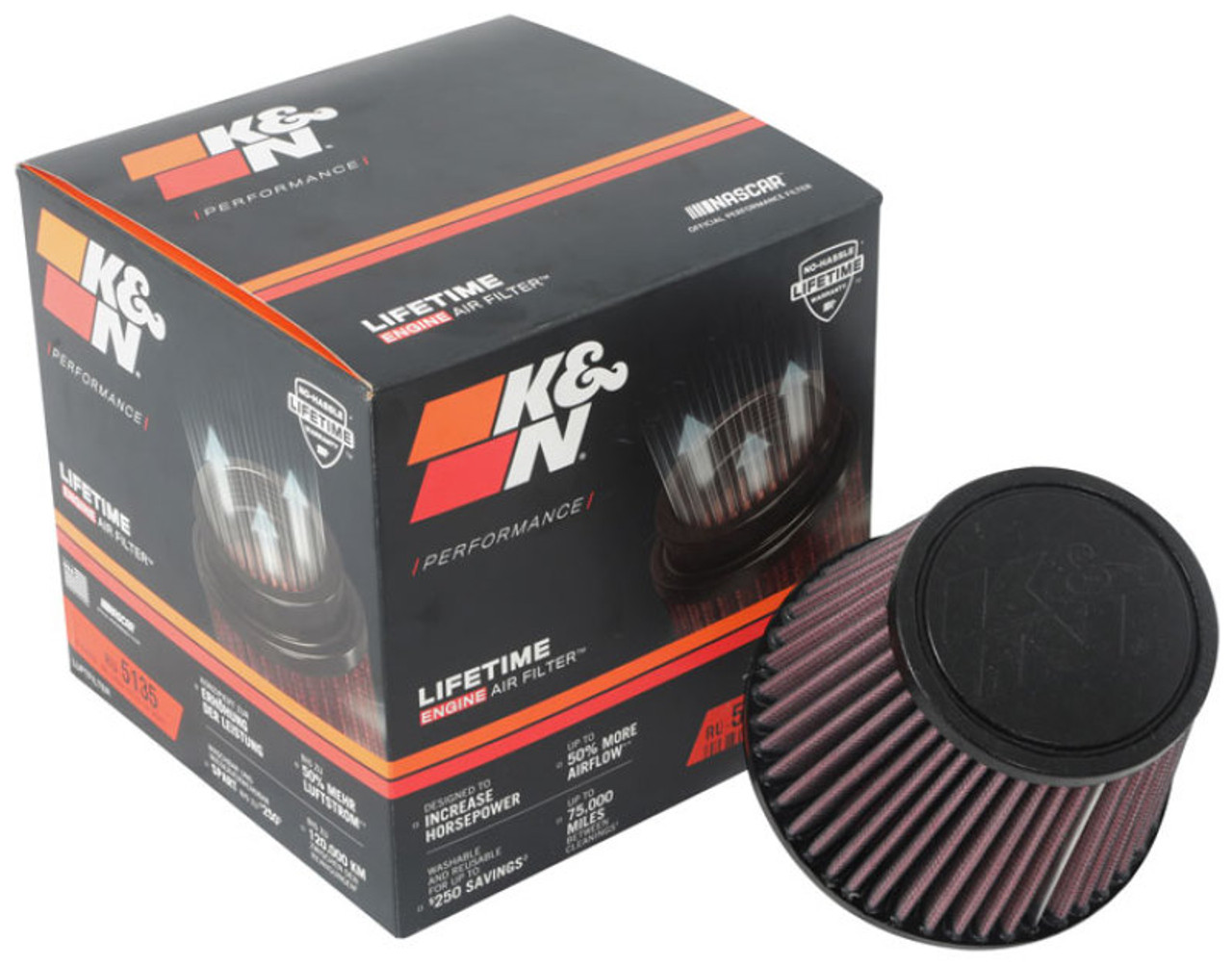 K&N Universal Clamp-On Air Filter 2-3/4in FLG / 5-1/16in B / 3-1/2in T / 4-3/8in H - RU-5135 Photo - out of package