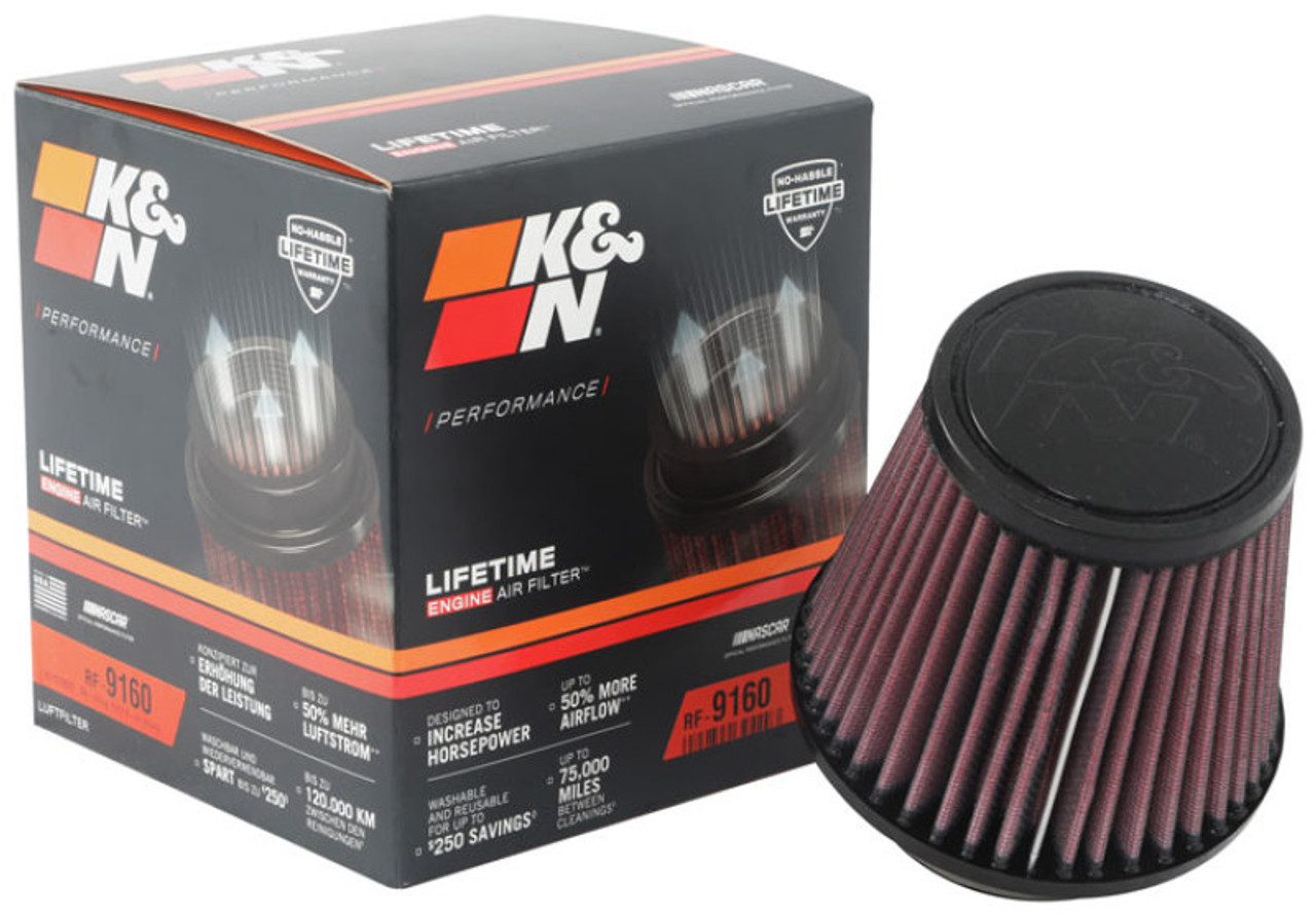 K&N Universal Clamp-On Air Filter 3-1/8in FLG / 4-15/16in B / 3-1/2in T / 4-3/8in H - RF-9160 Photo - out of package