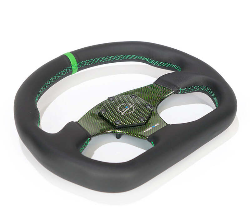 NRG Carbon Fiber Flat Bottom Steering Wheel (320mm) Green CF Center w/Green Stitch/Center Mark - RST-024CF/GN Photo - Close Up