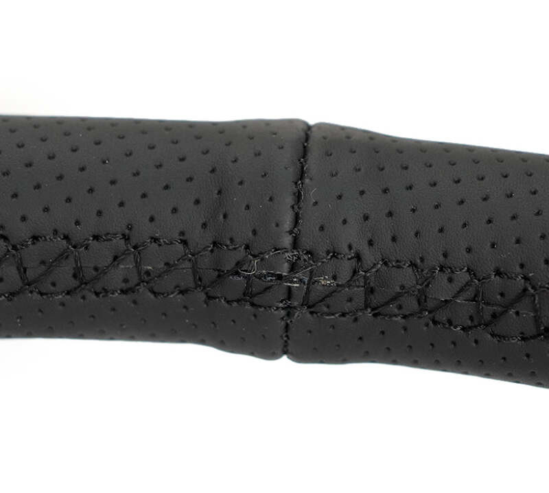 NRG Reinforced Stealth Wheel (380mm) 3 Spoke Center 1in Deep Dish - Perforated Leather Black Stitch - RST-380-STL-B Photo - Close Up