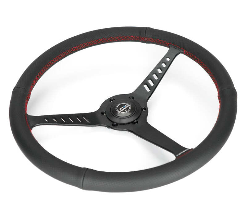 NRG Reinforced Stealth Wheel (380mm) 3 Spoke Center - 1in Deep Dish - Perforated Leather Red Stitch - RST-380-STL-R Photo - Close Up