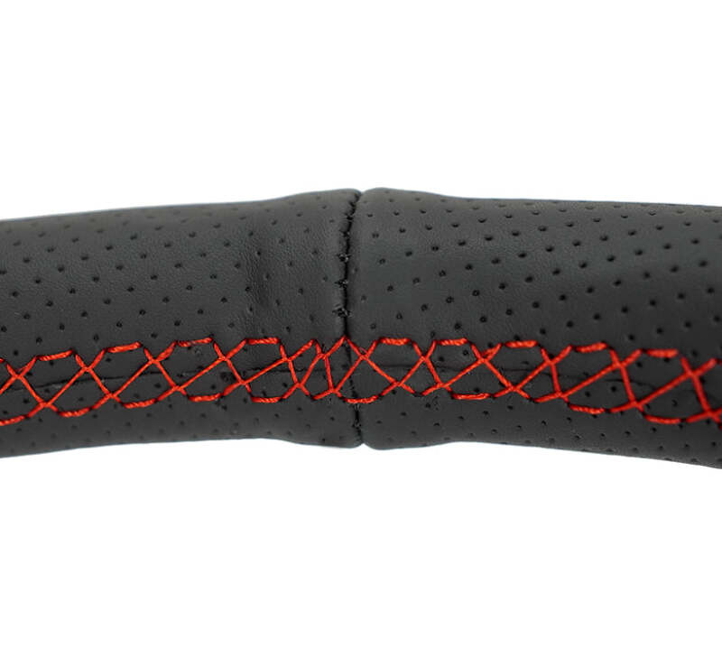 NRG Reinforced Stealth Wheel (380mm) 3 Spoke Center - 1in Deep Dish - Perforated Leather Red Stitch - RST-380-STL-R Photo - Close Up